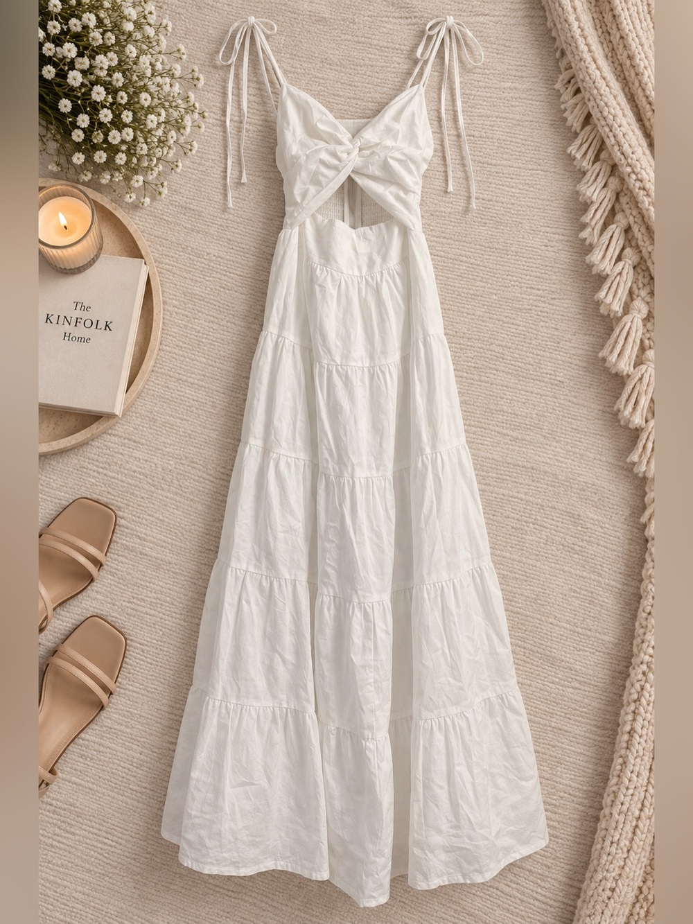 NWT Altar'd State White Tie-Shoulder Tiered Maxi Dress